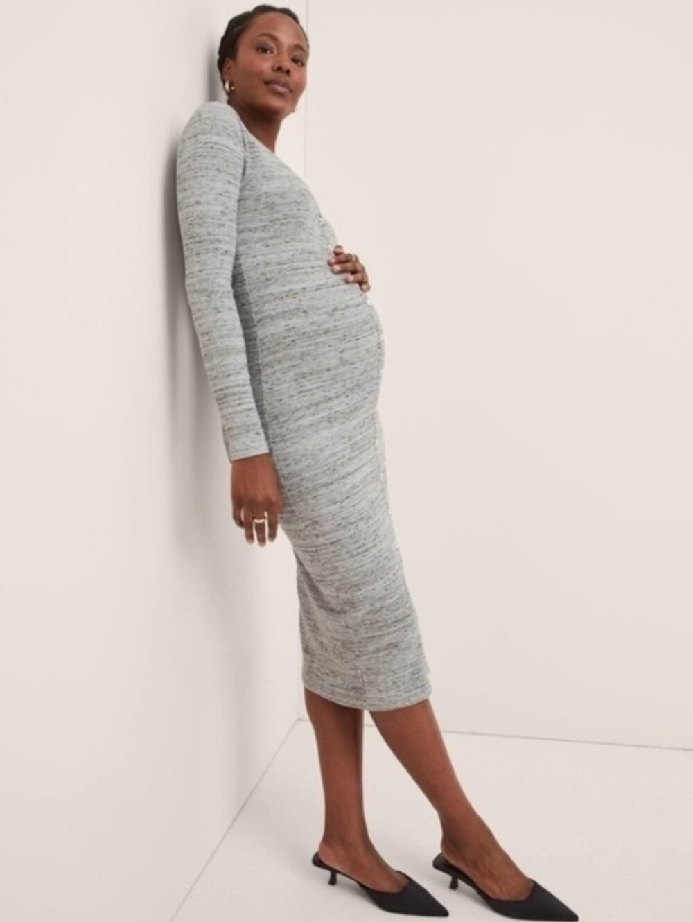 Hatch Maternity Harper Ribbed Button Front Midi Cardigan Dress Pearl Gray Size S